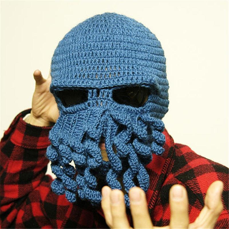 Funny Party Octopus Beard Hat Unisex Animal Cthulhu Crocheted Tentacle Knit Wind Mask Ski Cap Halloween Hats Bear Boys Octopus Beanie Hat For Men Winter Warm Skiing Biking Costume Squid Mask Foldaway Beard Octopus Pirate Hats Bearded Caps Stevvex