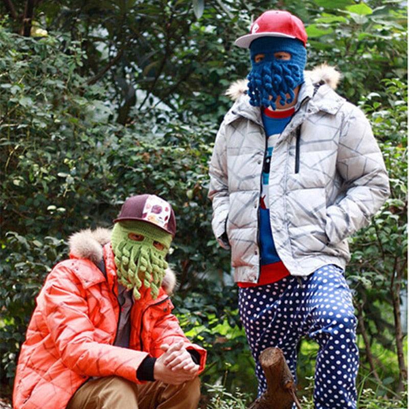 Funny Party Octopus Beard Hat Unisex Animal Cthulhu Crocheted Tentacle Knit Wind Mask Ski Cap Halloween Hats Bear Boys Octopus Beanie Hat For Men Winter Warm Skiing Biking Costume Squid Mask Foldaway Beard Octopus Pirate Hats Bearded Caps Stevvex