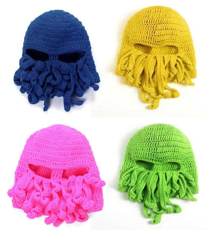 Funny Party Octopus Beard Hat Unisex Animal Cthulhu Crocheted Tentacle Knit Wind Mask Ski Cap Halloween Hats Bear Boys Octopus Beanie Hat For Men Winter Warm Skiing Biking Costume Squid Mask Foldaway Beard Octopus Pirate Hats Bearded Caps Stevvex