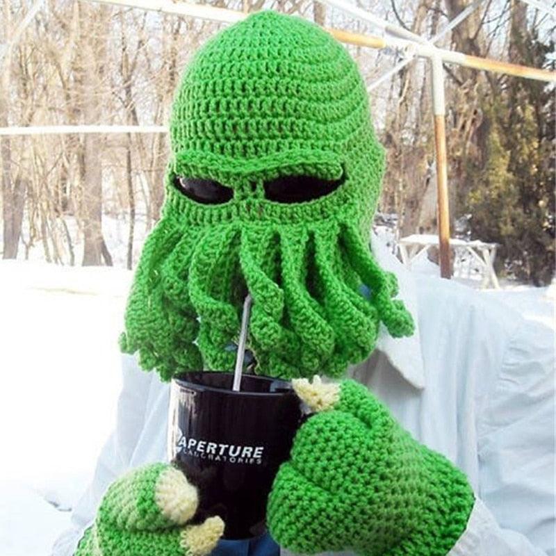 Funny Party Octopus Beard Hat Unisex Animal Cthulhu Crocheted Tentacle Knit Wind Mask Ski Cap Halloween Hats Bear Boys Octopus Beanie Hat For Men Winter Warm Skiing Biking Costume Squid Mask Foldaway Beard Octopus Pirate Hats Bearded Caps Stevvex