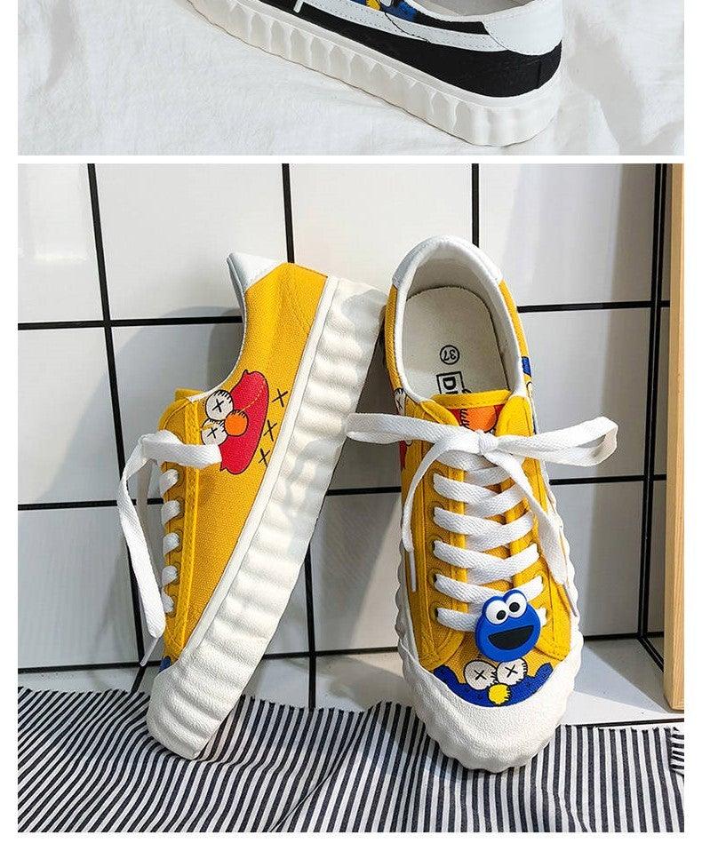Funny Yellow Cartoon Design Sneakers Women Casual Fashion New Flat Vulcanized Sneakers Lace Up Canvas Shoes Men Comfortable Canvas Flats Summer Fashion Lace-up Sneakers Stevvex