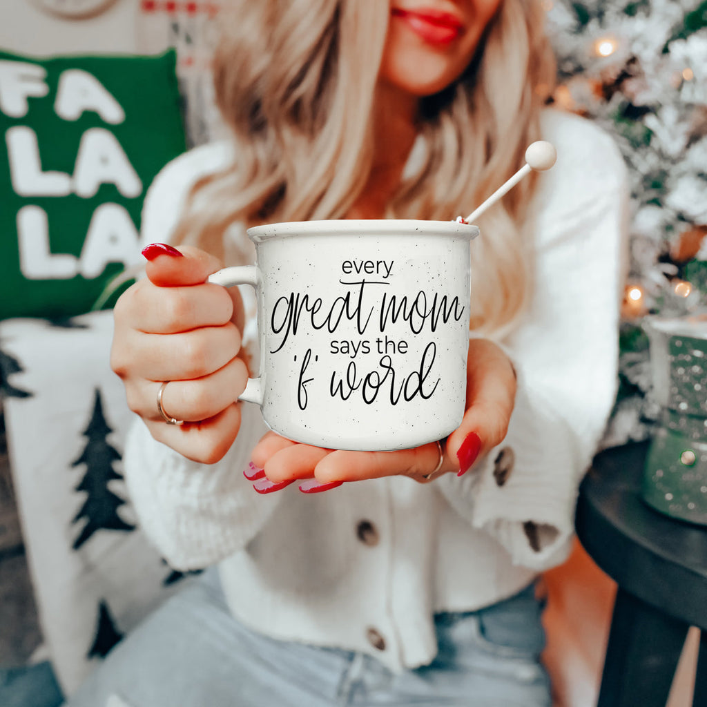 14.5oz Ceramic Campfire Mug - Every Great Mom Says, Speckled Ivory Double-Sided BandsCo Straps
