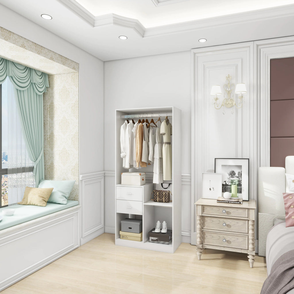 302 Freestanding Closet System 71"H Closet System with Drawers, Wooden Wardrobe Closet Organizer System with Closet Drawers, clothes organizer Clothing Racks for Hanging Clothes with Closet Shelves Wall Mounted, White Pi-Mart
