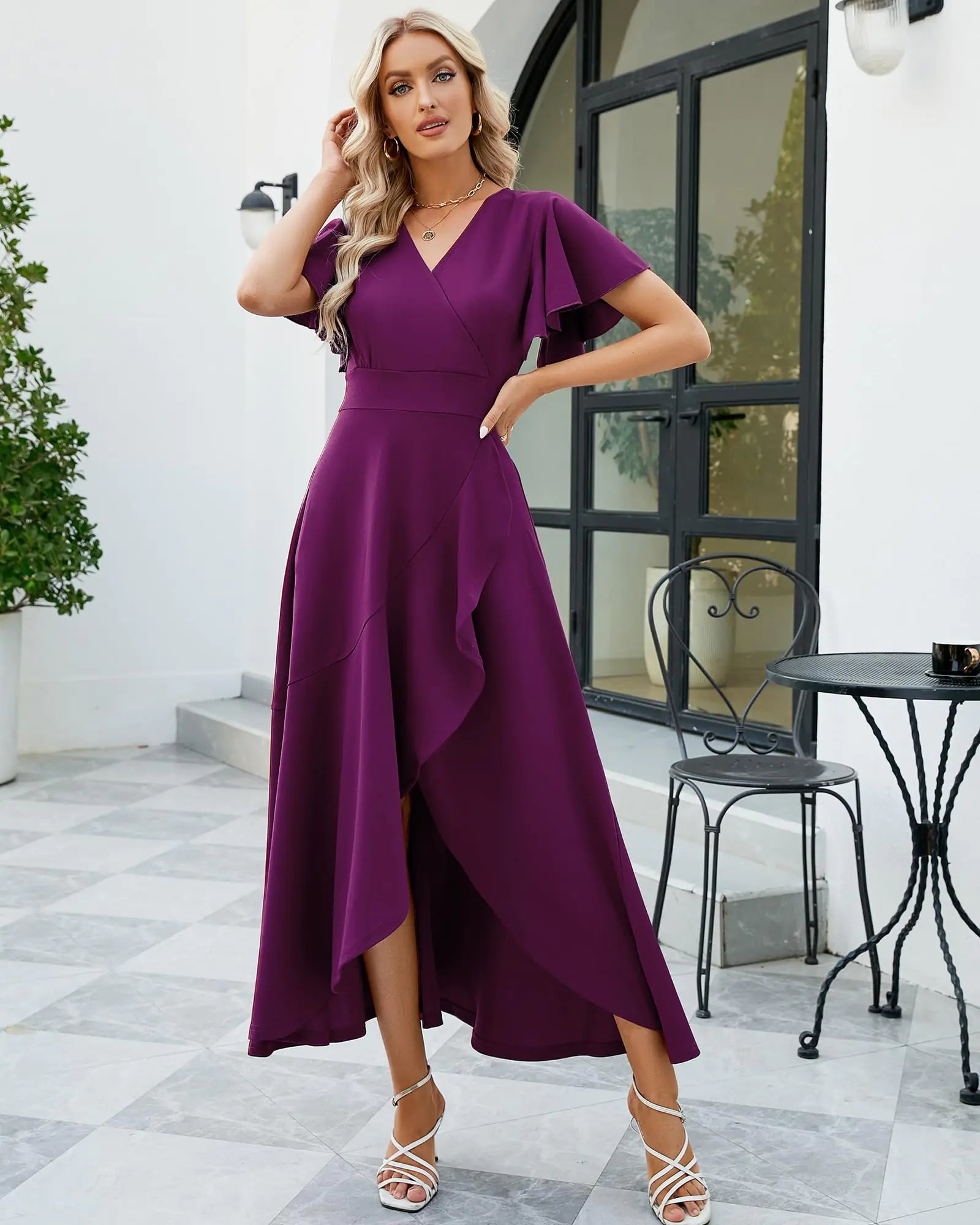 Long Black Formal Dresses for Women Gowns Evening Party Cocktail Dress,Split Elegant V Neck Wrap Ruffle Wedding Guest Dresses Large Purple Pi-Mart