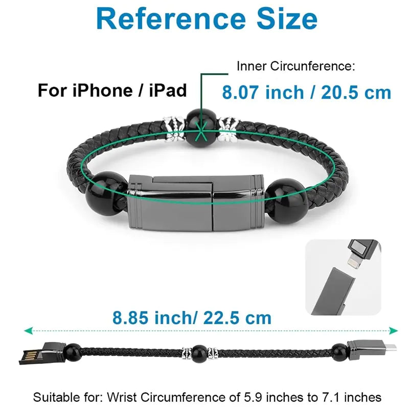 Leather Portable USB Type C and Micro Bracelet Phone Charger Pi-Mart