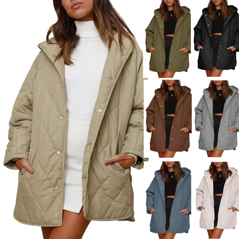 2023 Women's Casual Diamond Quilted Hooded Jacket Pi-Mart