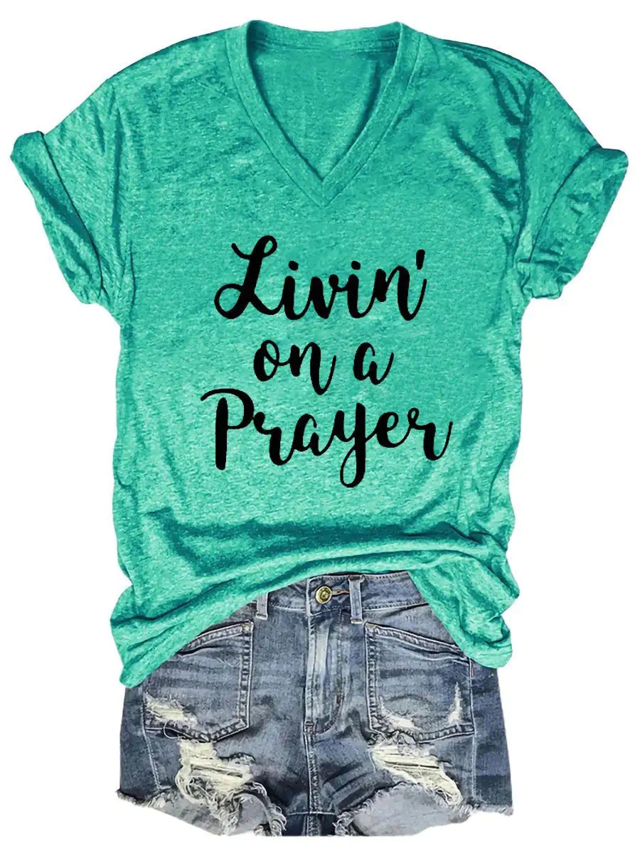 Women's Livin' On A Prayer V-Neck Shirt Pi-Mart