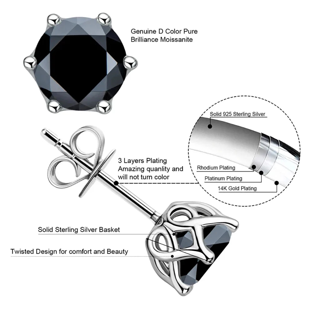 VVS D Color Russian Cut Moissanite Stud Earrings 1/2/4 CT S925 Sterling Silver BandsCo Straps