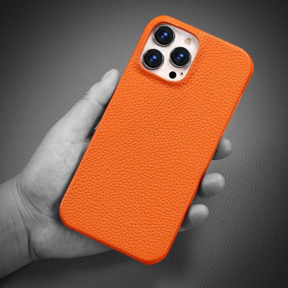 Genuine Leather Phone Case for iPhone 13 14 Pro Max 12 Mini 12 Pro Max Back Cover Neon Orange Silicone Phone Cover Wireless Charging Compatible Shockproof Protective Case for iPhone Stevvex