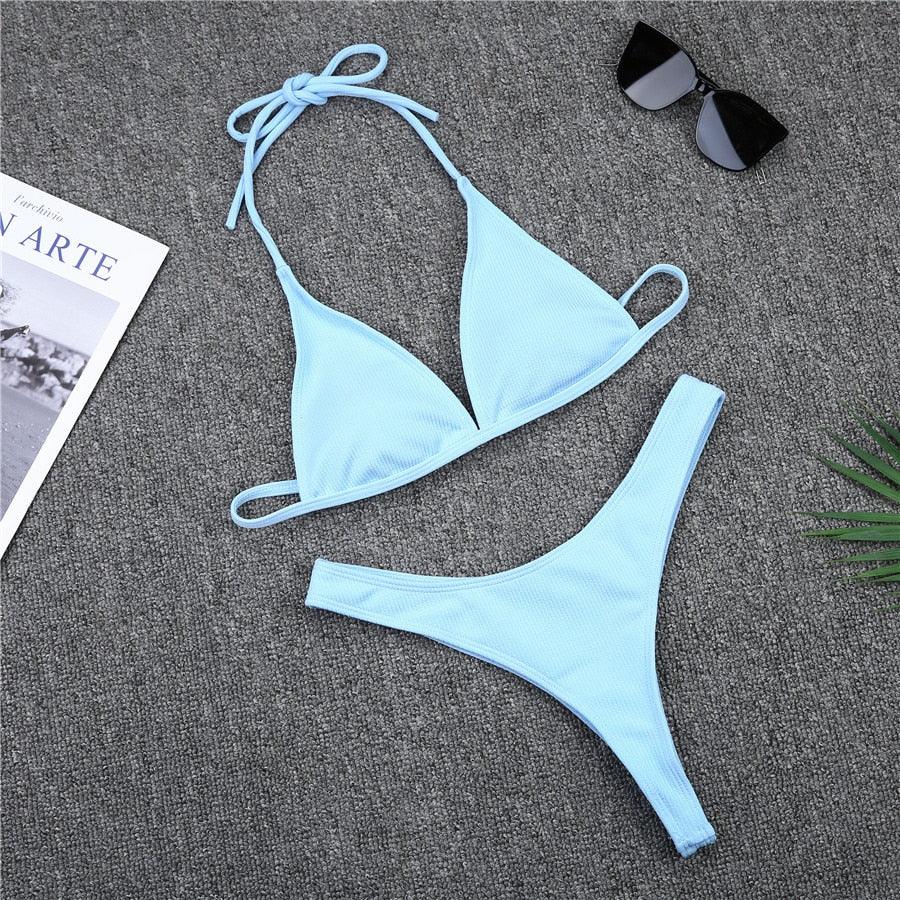 Girls Swimming Suits Bikini Small Cup Women Two Pieces Knitting Thong Bikinis Summer Spaghetti Strap Top And Bottoms Swimsuit Swimwear High Cut Style Beach Bikini Solid Black/White Micro Swim Suits Thong Bikinis Stevvex