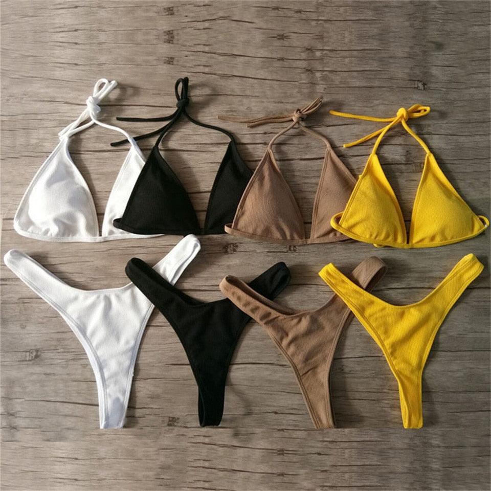 Girls Swimming Suits Bikini Small Cup Women Two Pieces Knitting Thong Bikinis Summer Spaghetti Strap Top And Bottoms Swimsuit Swimwear High Cut Style Beach Bikini Solid Black/White Micro Swim Suits Thong Bikinis Stevvex