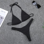 Girls Swimming Suits Bikini Small Cup Women Two Pieces Knitting Thong Bikinis Summer Spaghetti Strap Top And Bottoms Swimsuit Swimwear High Cut Style Beach Bikini Solid Black/White Micro Swim Suits Thong Bikinis Stevvex