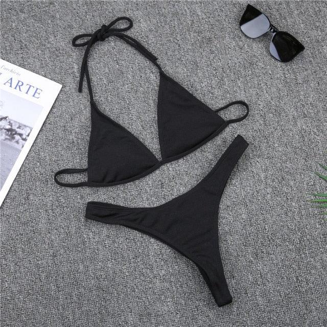 Girls Swimming Suits Bikini Small Cup Women Two Pieces Knitting Thong Bikinis Summer Spaghetti Strap Top And Bottoms Swimsuit Swimwear High Cut Style Beach Bikini Solid Black/White Micro Swim Suits Thong Bikinis Stevvex