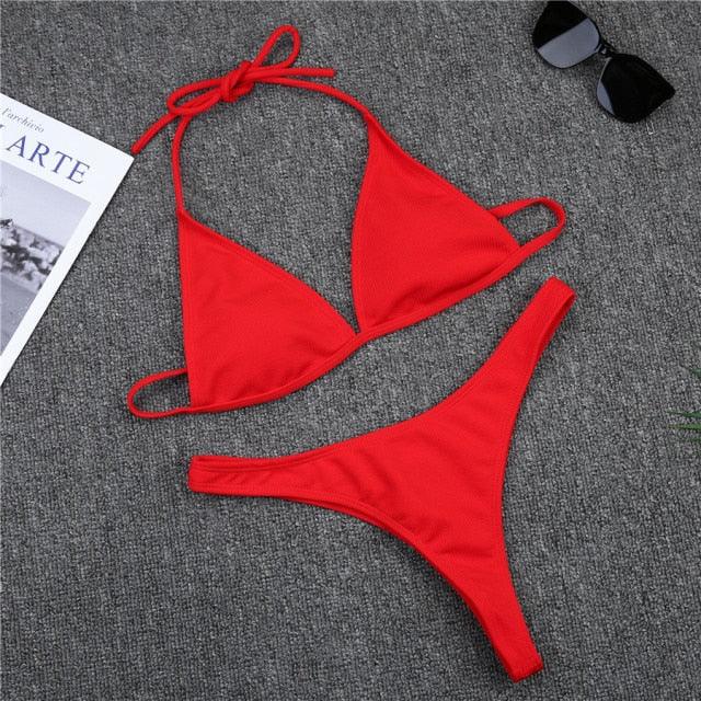 Girls Swimming Suits Bikini Small Cup Women Two Pieces Knitting Thong Bikinis Summer Spaghetti Strap Top And Bottoms Swimsuit Swimwear High Cut Style Beach Bikini Solid Black/White Micro Swim Suits Thong Bikinis Stevvex