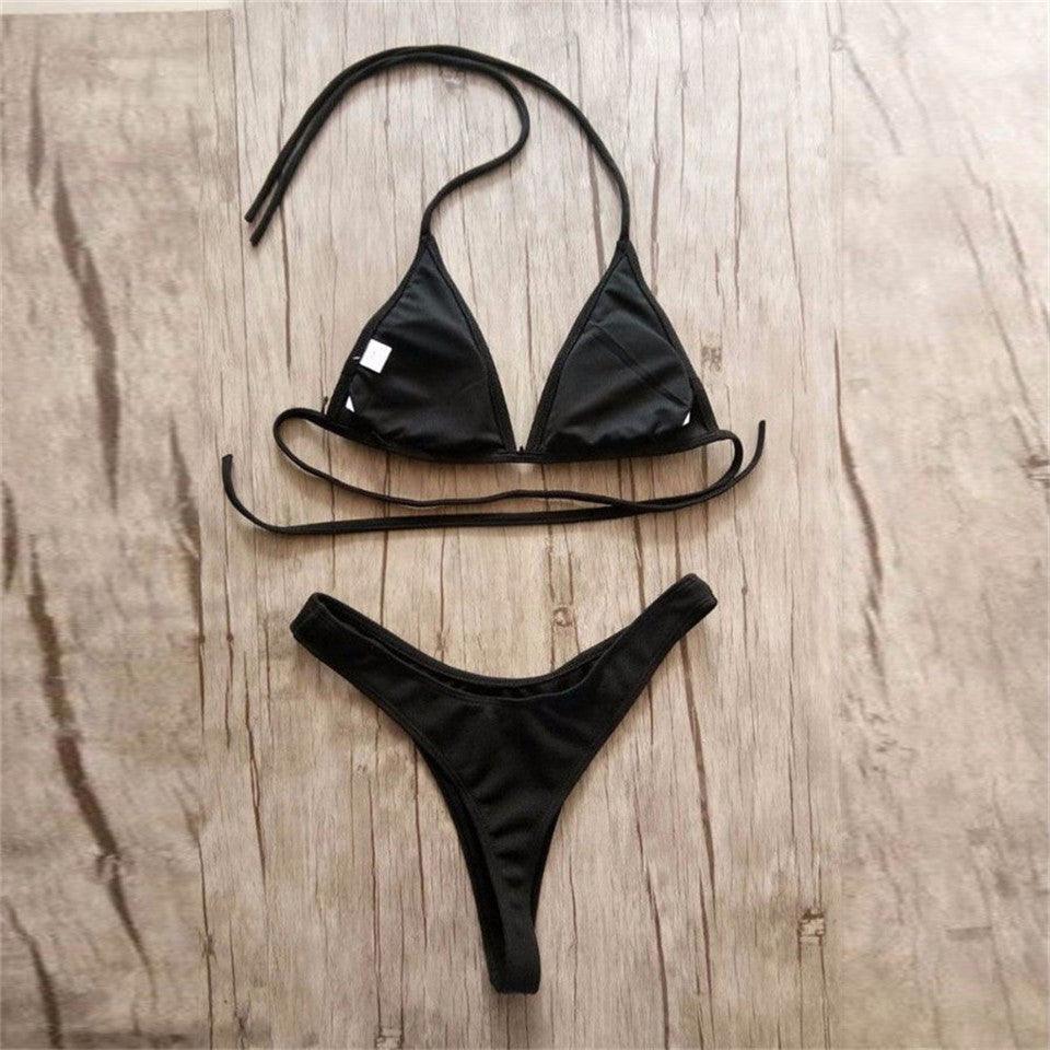 Girls Swimming Suits Bikini Small Cup Women Two Pieces Knitting Thong Bikinis Summer Spaghetti Strap Top And Bottoms Swimsuit Swimwear High Cut Style Beach Bikini Solid Black/White Micro Swim Suits Thong Bikinis Stevvex
