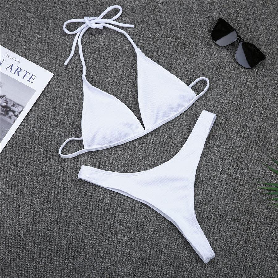 Girls Swimming Suits Bikini Small Cup Women Two Pieces Knitting Thong Bikinis Summer Spaghetti Strap Top And Bottoms Swimsuit Swimwear High Cut Style Beach Bikini Solid Black/White Micro Swim Suits Thong Bikinis Stevvex