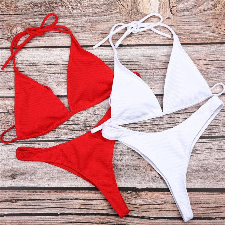 Girls Swimming Suits Bikini Small Cup Women Two Pieces Knitting Thong Bikinis Summer Spaghetti Strap Top And Bottoms Swimsuit Swimwear High Cut Style Beach Bikini Solid Black/White Micro Swim Suits Thong Bikinis Stevvex