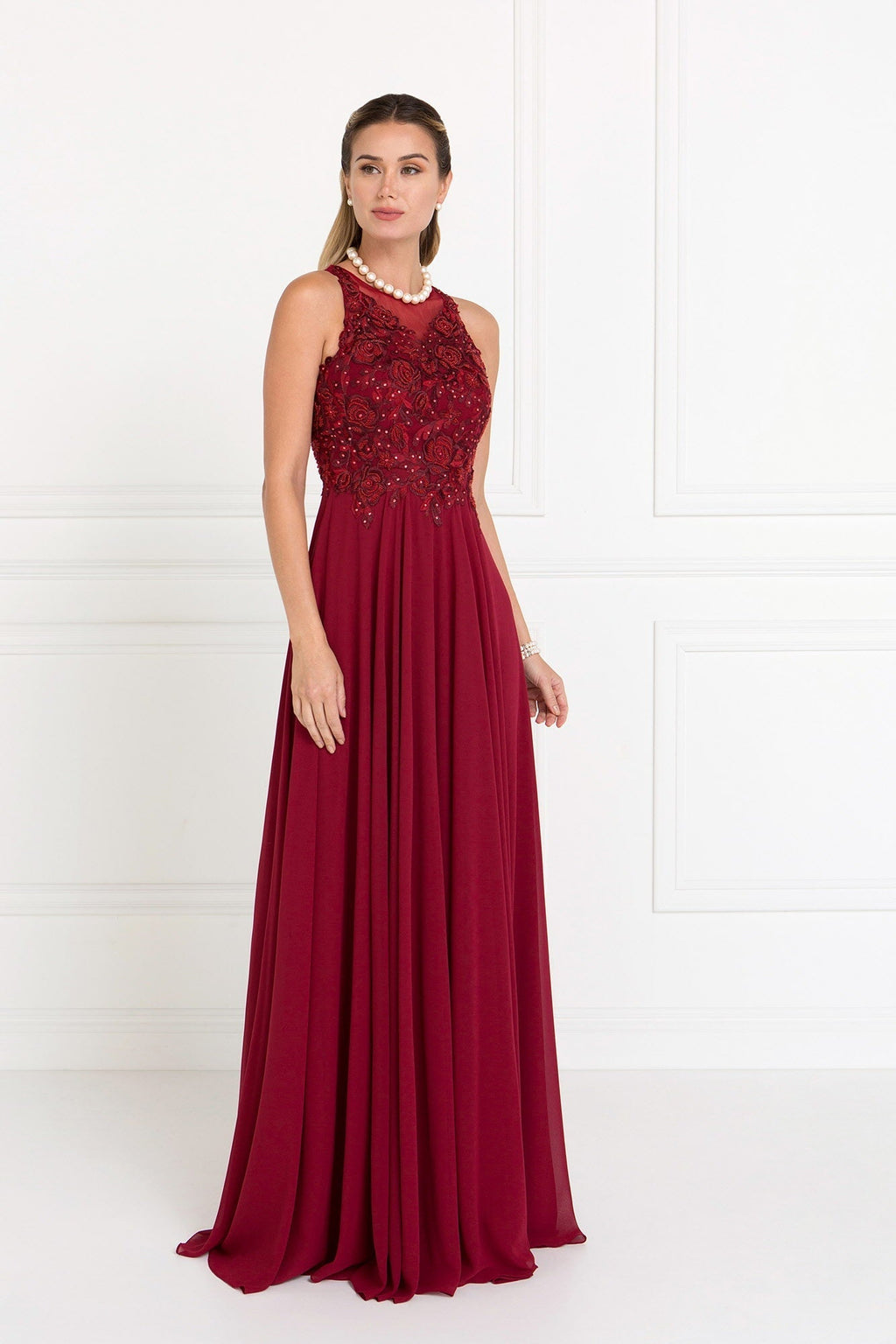 Chiffon A-Line Long Dress with Embroidery and Jewels Embellished Purplish Diva