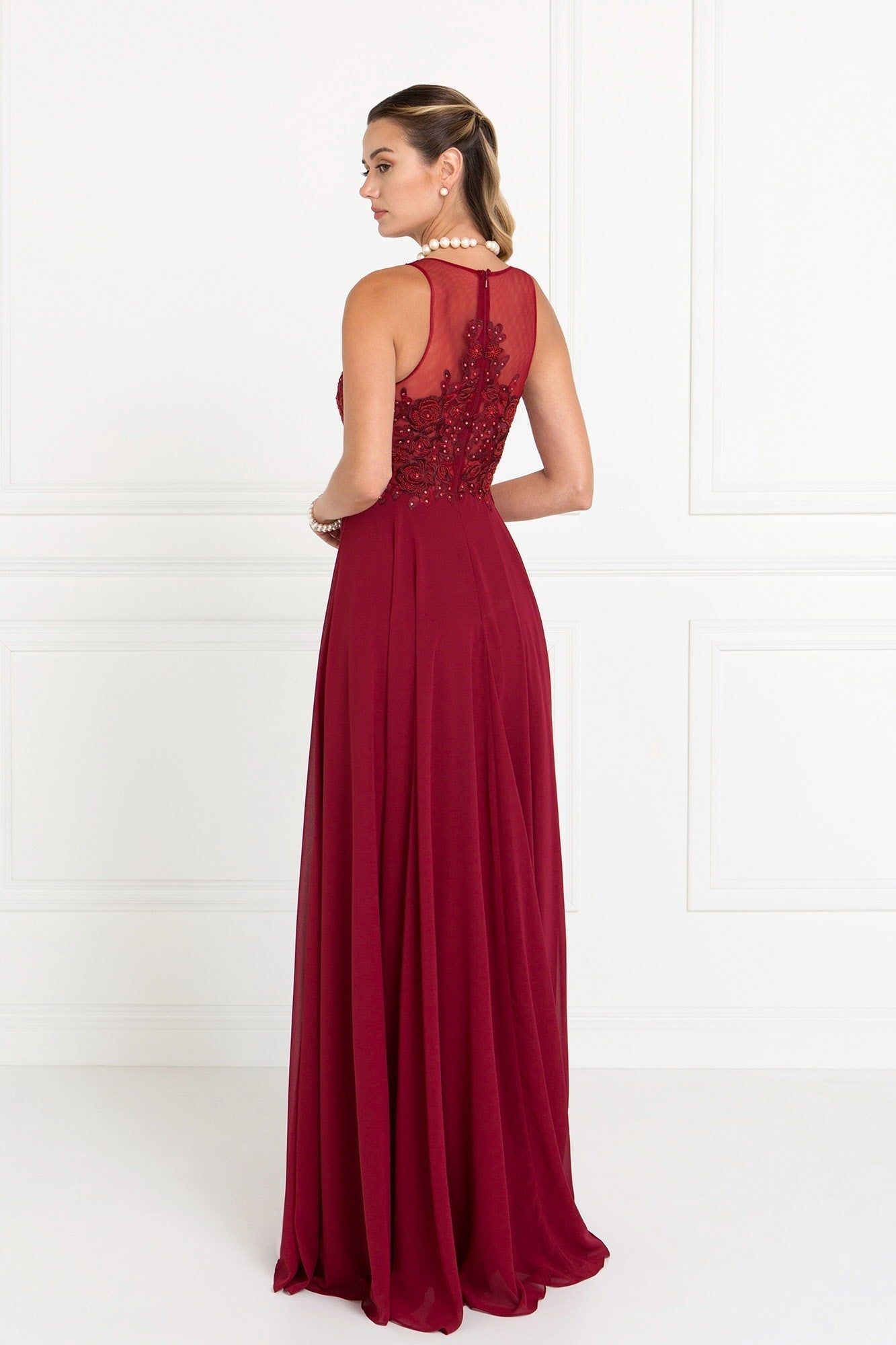 Chiffon A-Line Long Dress with Embroidery and Jewels Embellished Purplish Diva