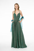 Illusion V-Neck A-Line Glitter Lame Long Dress Purplish Diva