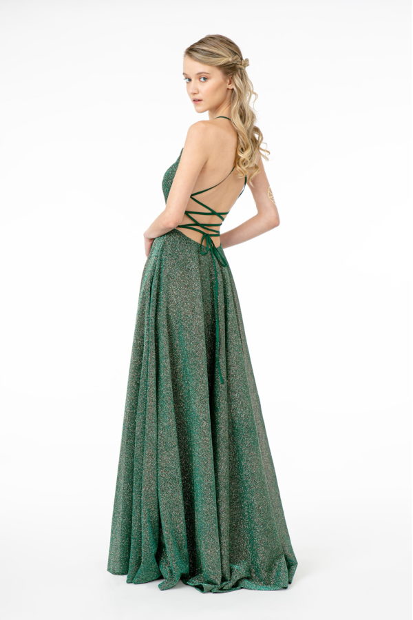 Illusion V-Neck A-Line Glitter Lame Long Dress Purplish Diva