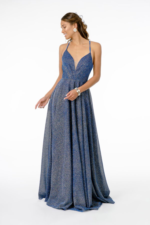 Illusion V-Neck A-Line Glitter Lame Long Dress Purplish Diva