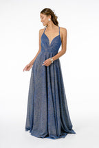 Illusion V-Neck A-Line Glitter Lame Long Dress Purplish Diva
