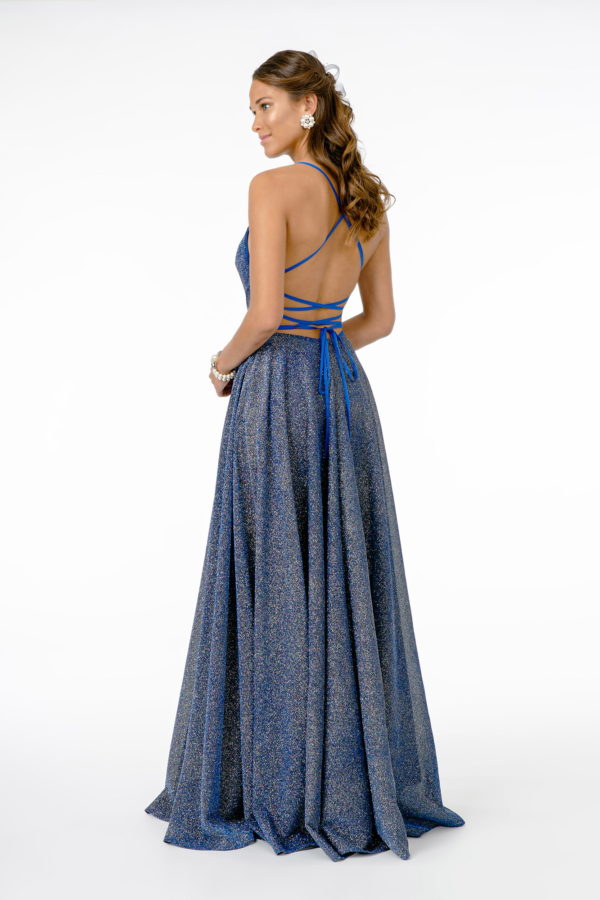 Illusion V-Neck A-Line Glitter Lame Long Dress Purplish Diva