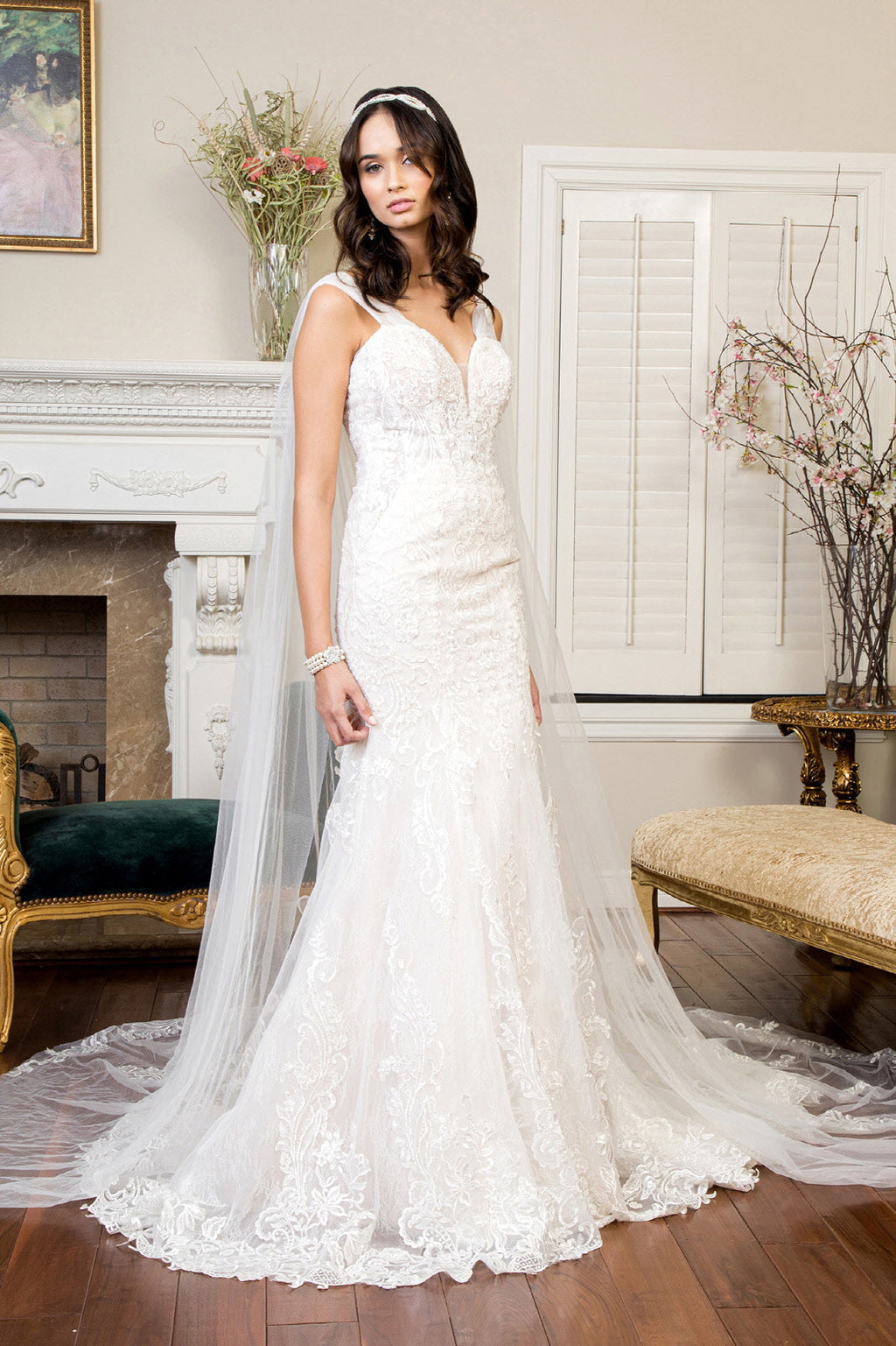 Embroidered V-Neck Mermaid Wedding Gown w/ Detachable Cape - Mask Not Included Purplish Diva