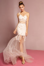 Lace Embellished Tulle Long Dress with Sheer Waist and Skirt Purplish Diva