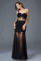Lace Embellished Tulle Long Dress with Sheer Waist and Skirt Purplish Diva
