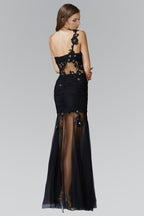 Lace Embellished Tulle Long Dress with Sheer Waist and Skirt Purplish Diva