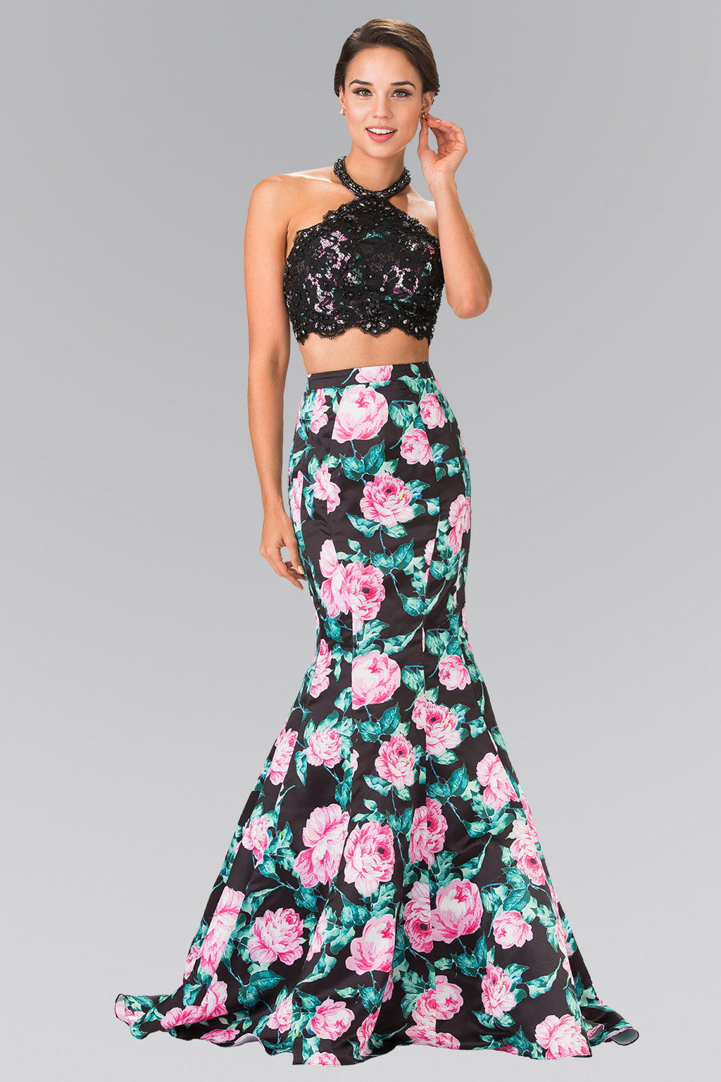 Halter-Neck Two-Piece Floral Print Long Dress Purplish Diva