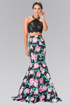 Halter-Neck Two-Piece Floral Print Long Dress Purplish Diva