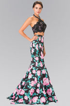 Halter-Neck Two-Piece Floral Print Long Dress Purplish Diva