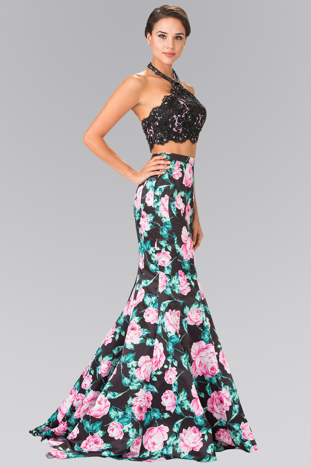 Halter-Neck Two-Piece Floral Print Long Dress Purplish Diva
