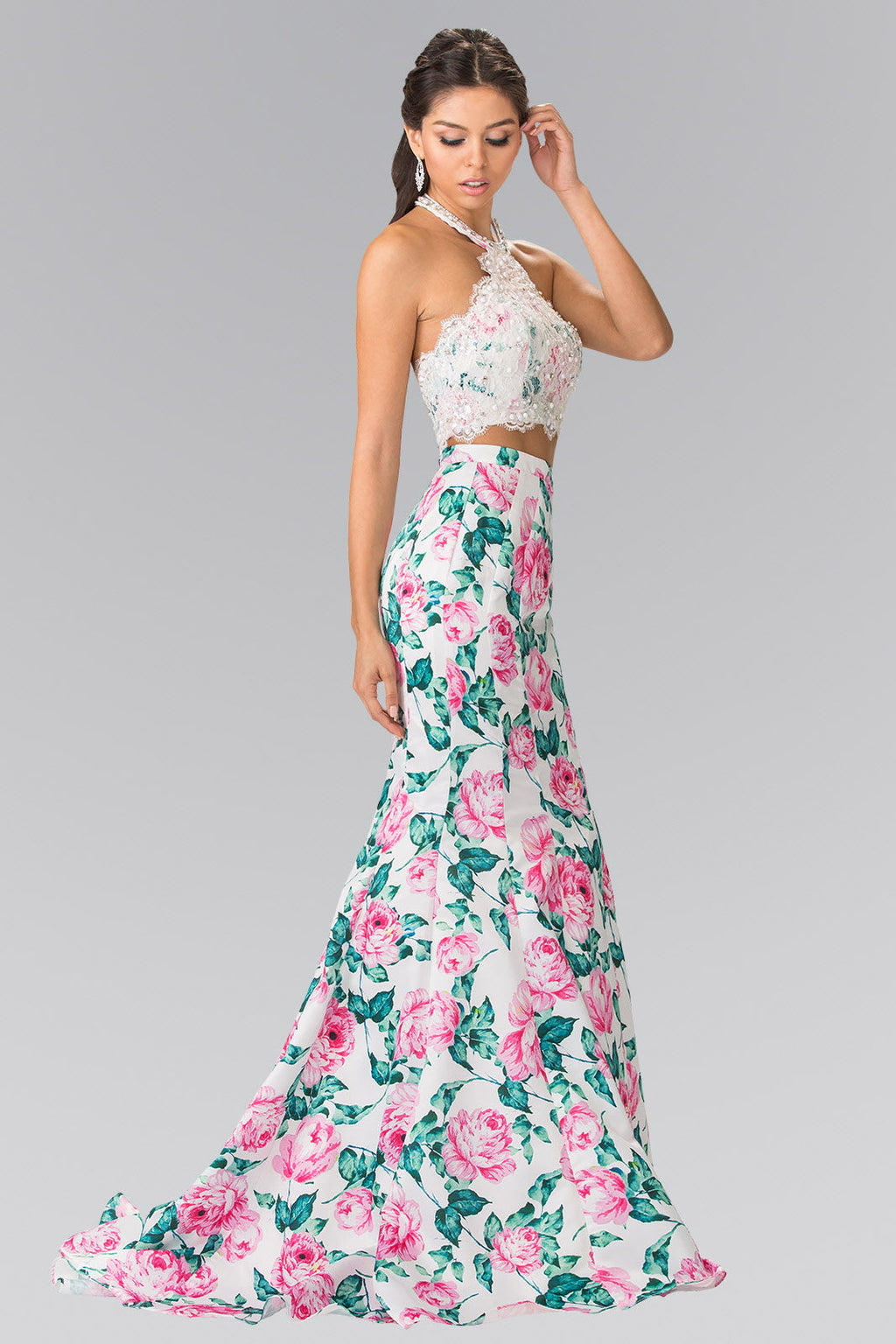 Halter-Neck Two-Piece Floral Print Long Dress Purplish Diva