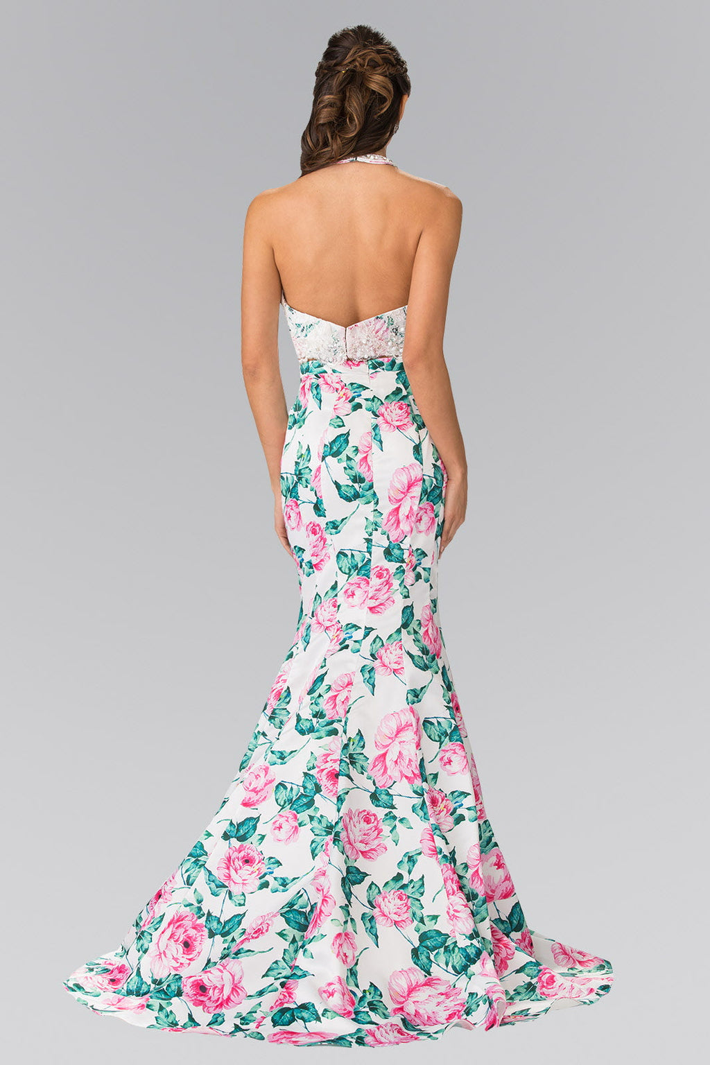 Halter-Neck Two-Piece Floral Print Long Dress Purplish Diva