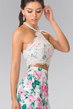 Halter-Neck Two-Piece Floral Print Long Dress Purplish Diva