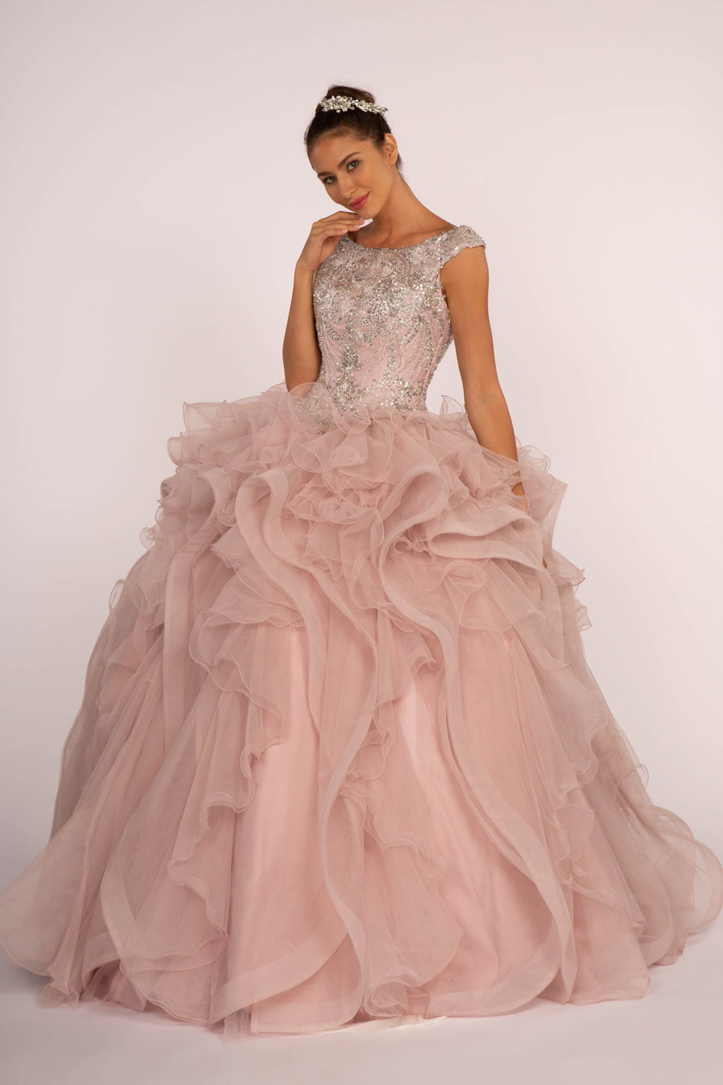 Beads and Sequin Embellished Bodice Boat Neck Ball Gown Purplish Diva
