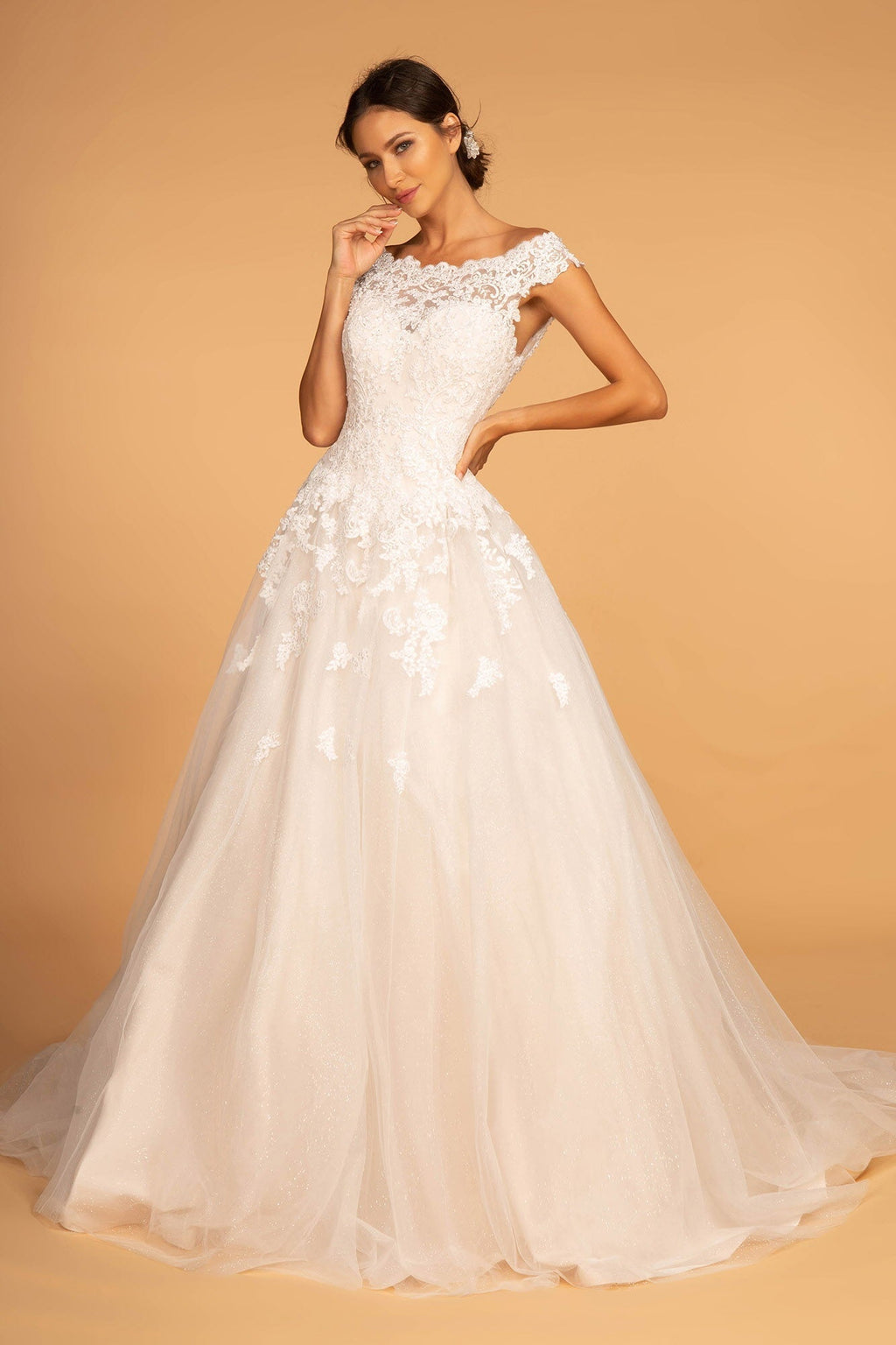 Boat-Neck Embroidered Mesh A-Line Wedding Gown Purplish Diva