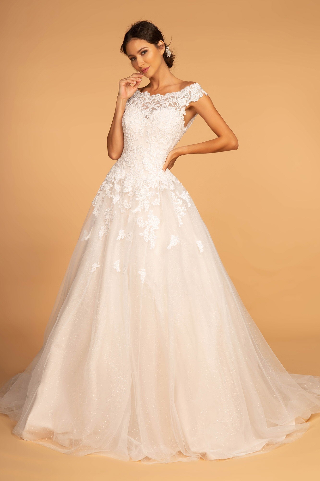 Boat-Neck Embroidered Mesh A-Line Wedding Gown Purplish Diva
