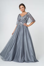 Cape-Sleeve Lace Embellished V-Neck Long Dress Purplish Diva