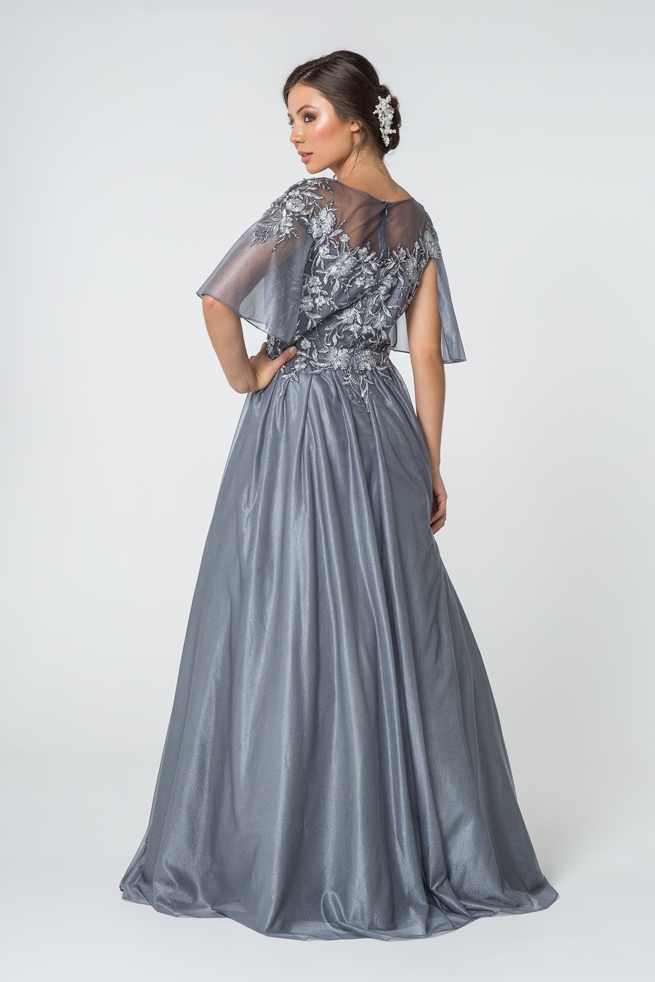Cape-Sleeve Lace Embellished V-Neck Long Dress Purplish Diva