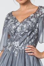 Cape-Sleeve Lace Embellished V-Neck Long Dress Purplish Diva