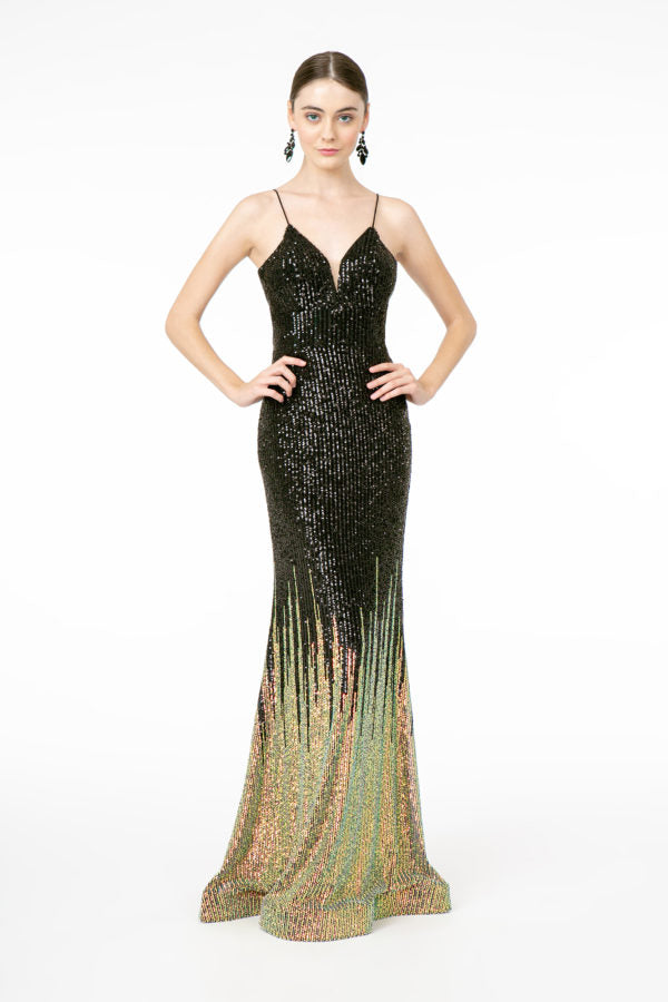 Illusion V-Neck Full Sequin Spaghetti Strap Long Dress Purplish Diva