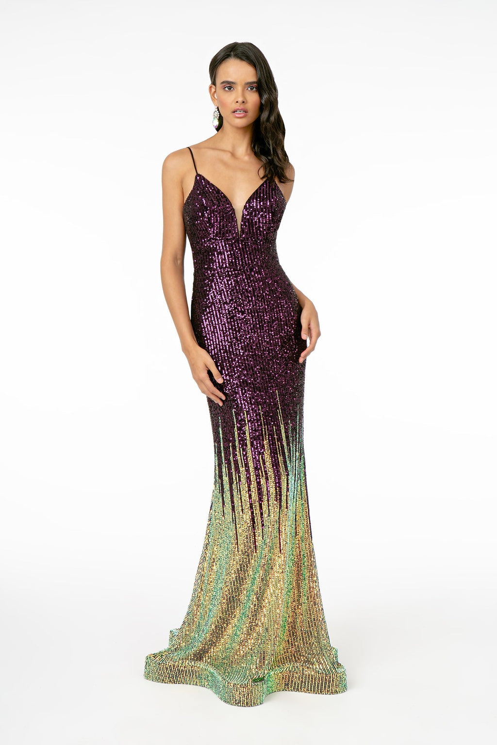 Illusion V-Neck Full Sequin Spaghetti Strap Long Dress Purplish Diva