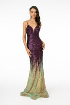 Illusion V-Neck Full Sequin Spaghetti Strap Long Dress Purplish Diva