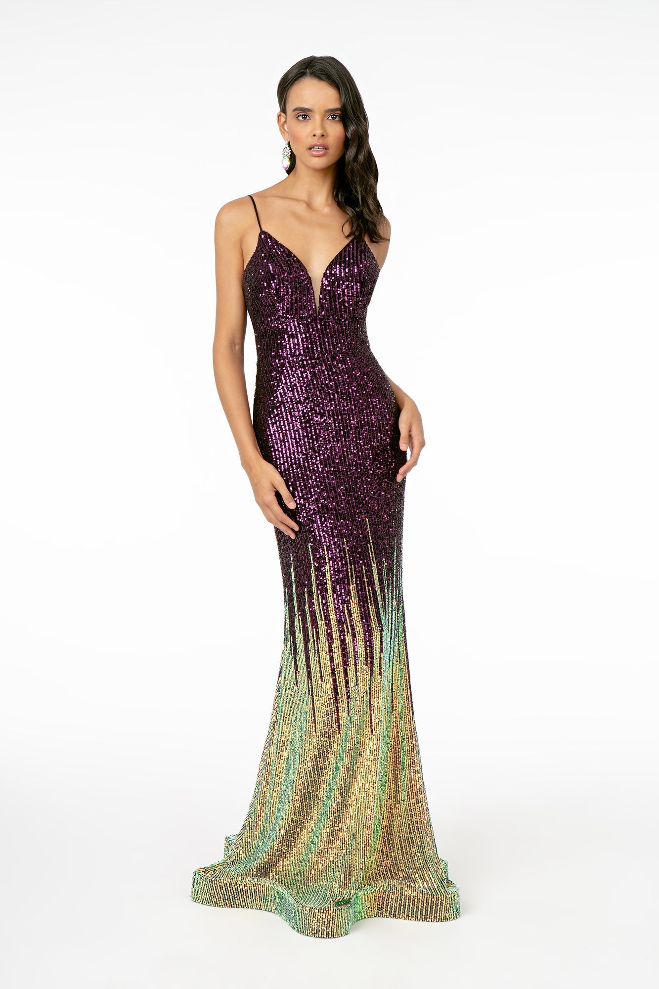 Illusion V-Neck Full Sequin Spaghetti Strap Long Dress Purplish Diva
