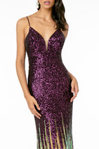 Illusion V-Neck Full Sequin Spaghetti Strap Long Dress Purplish Diva